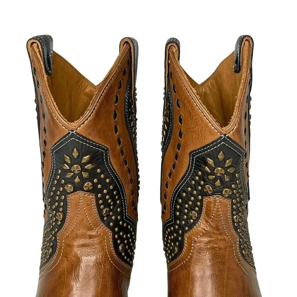 Frye Tulsa Stud Short Boot Size 7 Brown Black Studded Western Cowboy Ankle Boot